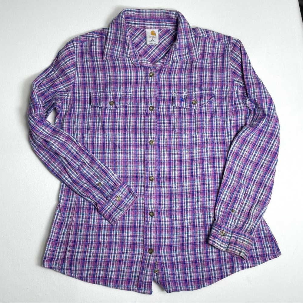 Carhartt Women’s Plaid Cotton Flannel Long Sleeve Button Up Shirt Pink Blue